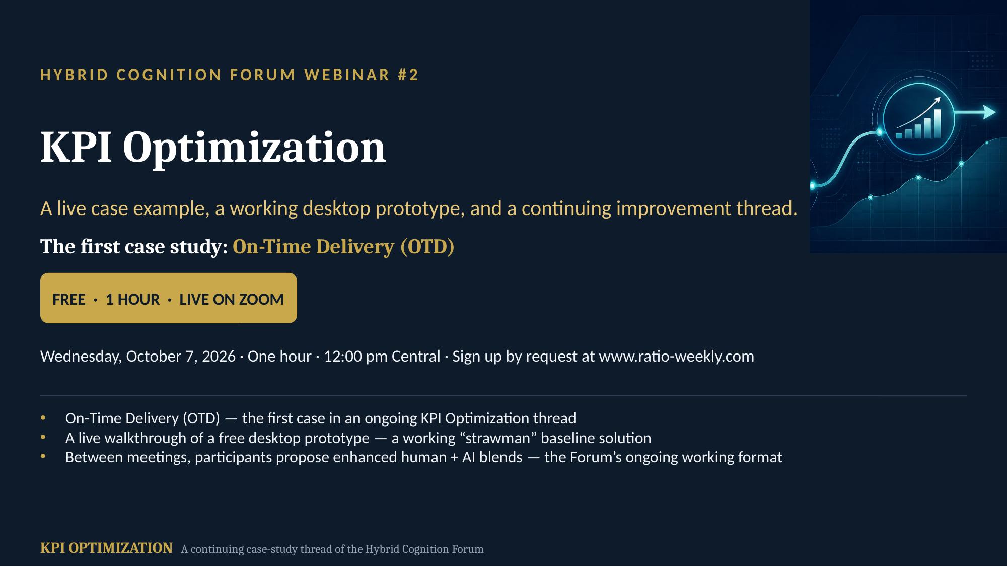 Hybrid Cognition Forum — slide 3 of 8: webinar #2 — KPI Optimization, the first case study on On-Time Delivery, October 7, 2026