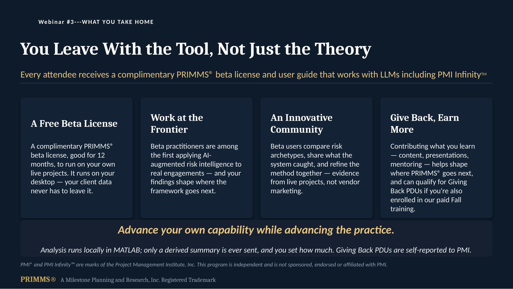Hybrid Cognition Forum — slide 5 of 8: what you take home — a free PRIMMS beta license and user guide