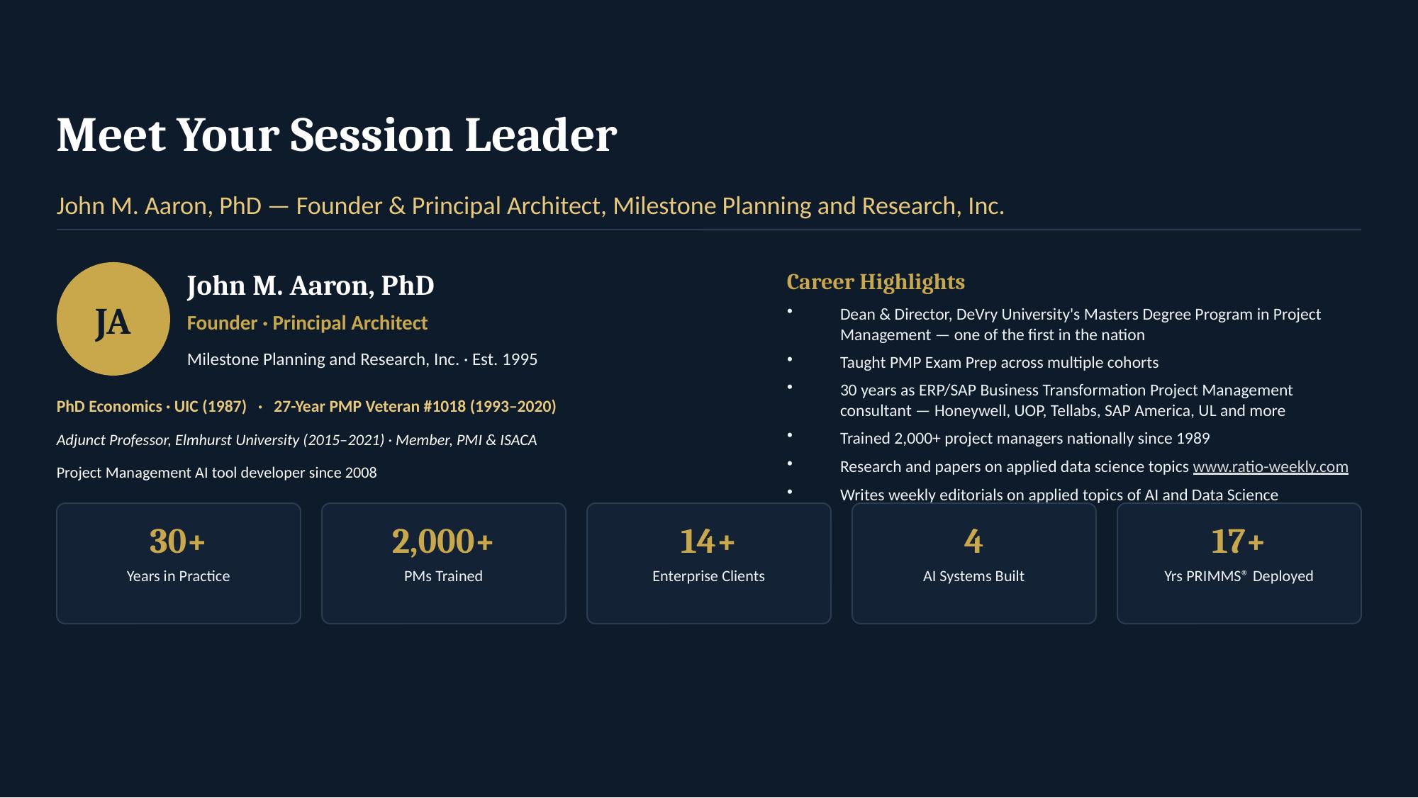 Hybrid Cognition Forum — slide 7 of 8: meet your session leader, John M. Aaron, PhD