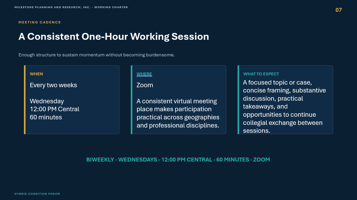Meeting cadence — a consistent one-hour working session, biweekly on Zoom